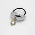 Detail of Korean style elastic hair tie with silver curved metal and heart rhinestone charm - Style D (557-Style D Silver)