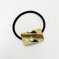Elegant gold finish hair tie with black elastic band and brown striped metal accent - Square Enamel Coffee Gold