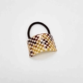 Close-up of elegant acetate U-shaped checkered hair tie with dark elastic band - Khaki Grid