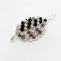 Detailed view of leaf-shaped hair clip with purple and grey rhinestones on silver alloy - Purple and Coffee