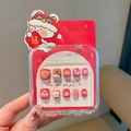 Uñas postizas rojas de Año Nuevo para niñas con oso y diseño de cuadros - 1-Capybara