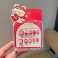 Uñas postizas rojas festivas para niñas con lindos diseños de danza del león de Año Nuevo - 3-Lingote de Oro Danza del León