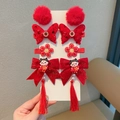 Lot de 8 barrettes rouges pour filles, style nouvel an chinois avec pompons et glands - Style Nœud à Paillettes