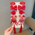 Lot de 8 barrettes rouges Nouvel An chinois avec éventails, nœuds et glands pour filles - 好运款式