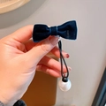 Elegant navy blue velvet bow hair tie with white pearl pendant for low ponytail hairstyles - Blue
