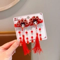 Traditional Chinese opera mask hair clips with red tassels and pearl beads for kids - Red