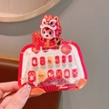 Kids reusable press-on nails with red Chinese New Year lion dance and lucky patterns - Great Luck in Horse Year