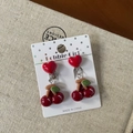 Cute red cherry and heart clip-on earrings for girls on a white polka dot display card - Cherry (1-Cherry)