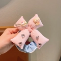 Pink bow scrunchie with cute cream cat figurine and crystal hearts for girls - Pink