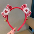Red bow headband with tweed fabric, faux fur trim, and golden bell for Lunar New Year - Fu Character Bowknot Headband