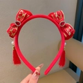 Red bow headband with golden flower embroidery and hanging tassels for New Year - Gem Tassel Bowknot Headband