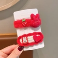 Rotes gestricktes Haarklammer-Set für Mädchen mit süßem Plüschhasen und Erdbeerdekor - 1-Rotes Kaninchen