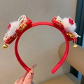 Festive red velvet headband with white pom-poms, roses, pearls and gold bells - Pearl Bowknot Hairband