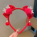 New Year headband featuring red velvet bows, reindeer antlers, and white pearl pendants - Reindeer Antler Bowknot Headband
