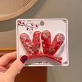 Rote Plüsch-Hasenohr-Haarspangen mit rosa Blumenstickerei für das chinesische Neujahr - Rentiergeweih-Stil