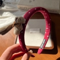 Dark red velvet headband with white stars and cute plush bear detail for girls - Beige Bear Headband