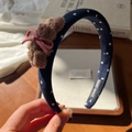Dark blue velvet headband with white stars and a cute brown plush bear detail - Coffee Rabbit Headband
