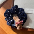 Navy blue star pattern hair scrunchie with cute brown plush bunny and pink ribbon - Coffee Bunny Hair Tie