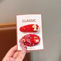 Cute red plush hair clips set for girls featuring a cartoon pony and bow decorations - Apple Pony Style