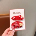 Cute red plush hair clips set with pony charm and festive bow on display card - Star Pony Style