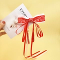 Hanfu hair clip with red and pink ribbon bow and long tassels in vintage Chinese style - Red