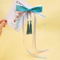 Pince à cheveux style chinois vintage avec nœud bleu floral, rubans et longues franges - Vert