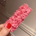 Plush pink rectangular lambswool hair clip with soft teddy fleece texture for winter - Rose Red