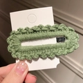 Handmade grass green knitted BB hair clip on display card, cute crochet design - Green
