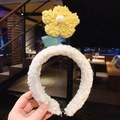 Pluche witte haarband met schattige 3D gele bloem en groen blad in zacht fleece - Geel