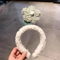 Cute white plush headband with light green flower and pearl accent for face washing - Single Small Flower Style / Green Flower (1069)