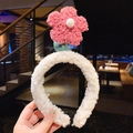Cute white plush headband with 3D pink flower on spring for face washing - Single Small Flower Style / Deep Pink (1069)