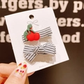 Cute cherry and black white striped bow hair clips set for girls displayed on card - Cherry Hair Clip