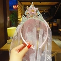 Pink sequin princess crown headband with snowflake decor and long lace veil for girls - 19# Large Crown Pink