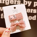 Pink and white checkered bow hair clip set with cute cat resin charm for girls - Pink Cat