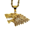 Collana con ciondolo testa di lupo vichingo placcato oro con cristalli e catena a corda - Pendente Singolo Oro