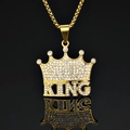 Hip-hop style gold crown pendant necklace with KING lettering and cubic zirconia accents - Pendant Only (Without Chain)