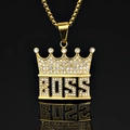 Χρυσό μενταγιόν BOSS σε στυλ hip hop με κορώνα και λαμπερά στρας σε μαύρο φόντο - Μόνο Μενταγιόν (Χωρίς Αλυσίδα) (Χρυσό)