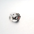 Detail view of gothic steel ring with red square gemstone and size 8 tag - US 8 / Red