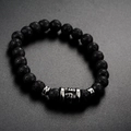 Bracciale da uomo in pietra lavica nera con ciondolo cilindrico in acciaio inciso - Pietra di Fiamma (Pietra Lavica)