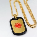 Golden medical alert dog tag necklace with black silicone border on bead chain - Gold Pendant Only