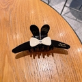 Elegante pinza per capelli in acetato nero con orecchie di coniglio crema e strass di lusso - Nero Con Fiocco Bianco