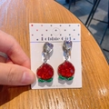 Sparkly red resin cherry clip-on earrings with heart crystal for girls on display card - Peach