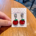 Red glitter apple clip-on earrings with heart crystal for girls on display card - Apple
