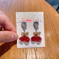 Cartoon cherry clip-on earrings with red glitter resin and a golden bow for girls - Gold Leaf Cherry