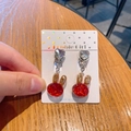Cute red and gold glitter bunny pendant earrings with crystal heart stud on card - Rabbit