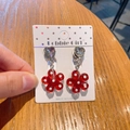 Resin red flower clip-on earrings for girls with transparent heart crystal and polka dots - Polka Dot Flower