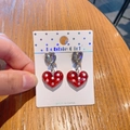 Kids heart clip-on earrings with red resin polka dots and clear crystal drops - Polka Dot Heart