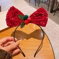 Serre-tête de Noël avec grand nœud à paillettes rouges et feuilles de houx vertes - Nœud rouge