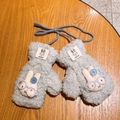 Gray plush fleece toddler mittens with cartoon rabbit patch and neck string strap - Blue Gloves