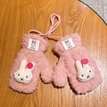 Pink plush mittens for kids with cute cartoon rabbit patch and neck strap cord - Pink Mittens